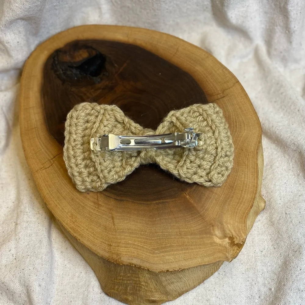 Crochet beige tan color boho hair bow with clasp